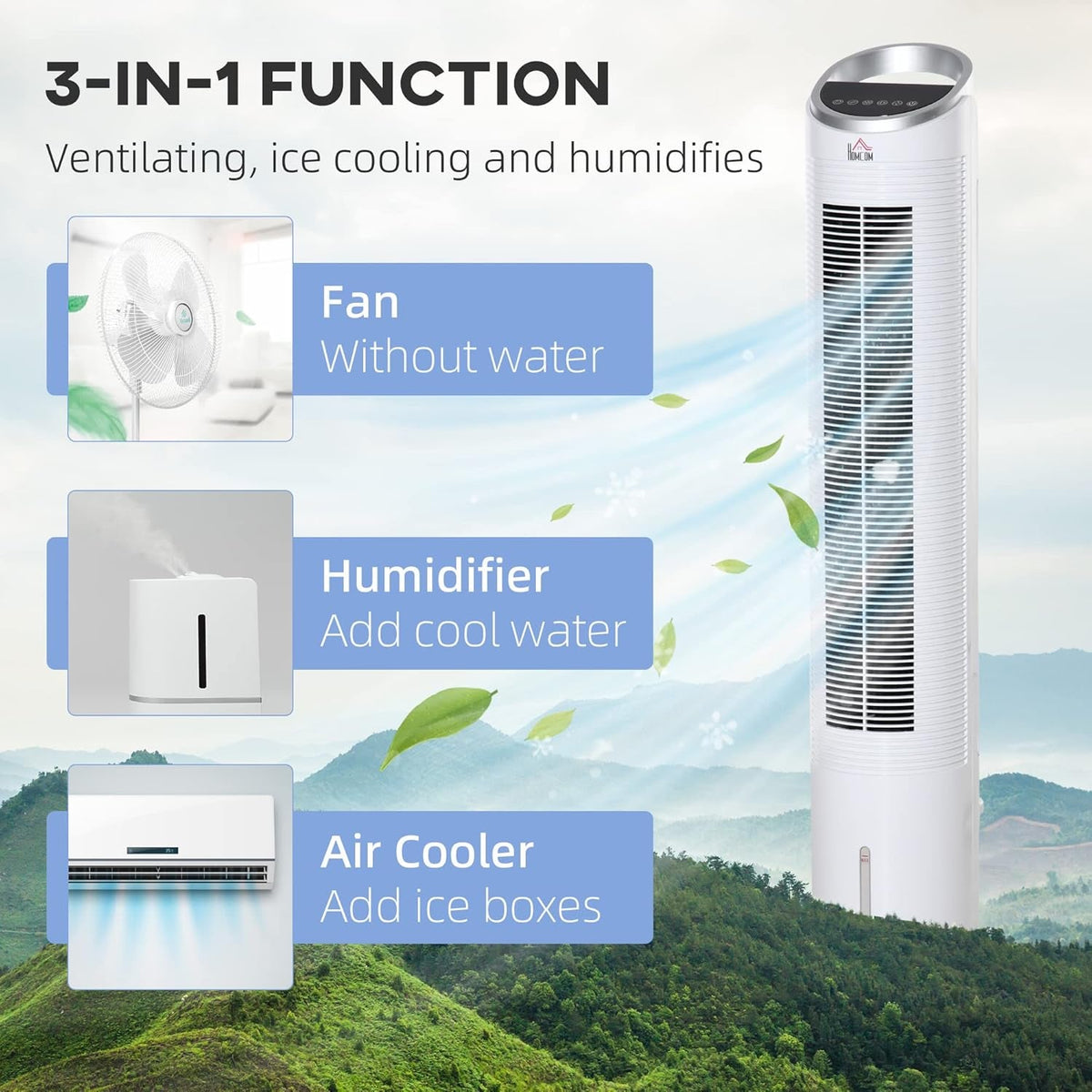 40" Evaporative Air Cooler with Water Tank, 3-In-1 Ice Cooling Fan with Humidifier, 52° Oscillating Portable Swamp Cooler for Home Office, 3 Modes, 3 Speeds, 8H Timer, Remote, White