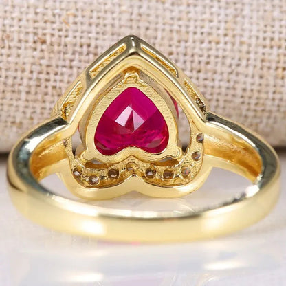 Love Heart 1.2CT Hot Pink Ruby  Yellow Golden Wedding Bands Women's Rings Brilliant Accessories Engagement Trendy Jewelry Size 6-10