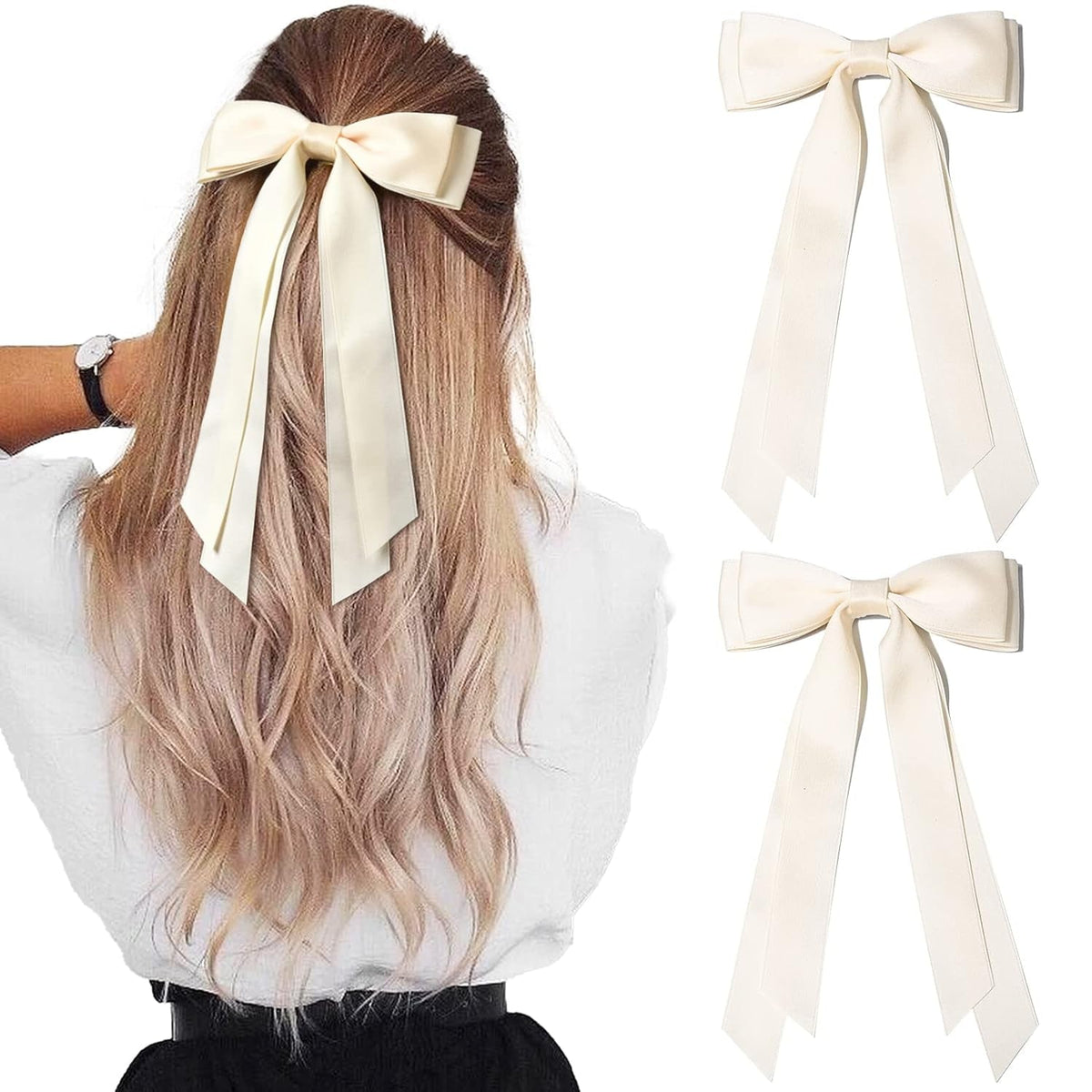 2PCS Silky Satin Hair Bows Hair Clip Beige Hair Ribbon Ponytail Holder Accessories Slides Metal Clips Hair Bow for Women Girls Toddlers Teens Kids