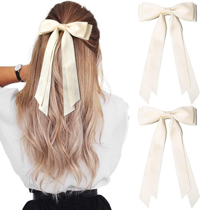 2PCS Silky Satin Hair Bows Hair Clip Beige Hair Ribbon Ponytail Holder Accessories Slides Metal Clips Hair Bow for Women Girls Toddlers Teens Kids