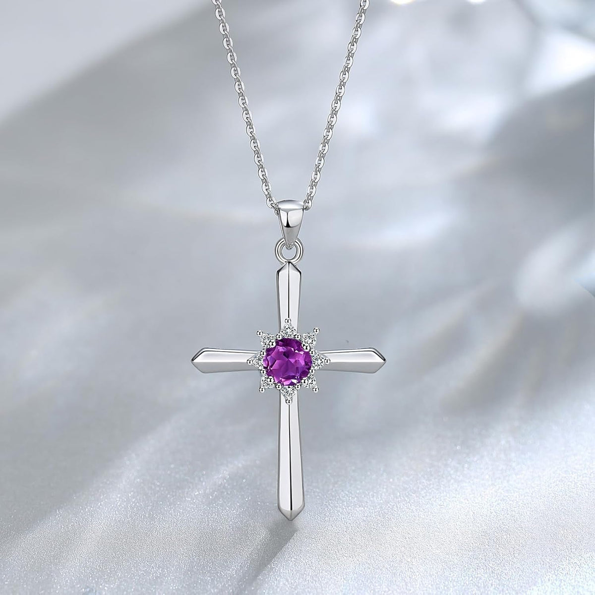 Birthstone Cross Necklace for Women Sterling Silver Birthstone Necklace Halo Infinity Cross Pendant Necklace Fine Jewelry Valentines Day Gifts Birthday Holiday Gifts for Her, 16"+2" Inches