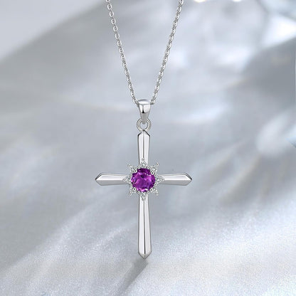 Birthstone Cross Necklace for Women Sterling Silver Birthstone Necklace Halo Infinity Cross Pendant Necklace Fine Jewelry Valentines Day Gifts Birthday Holiday Gifts for Her, 16"+2" Inches