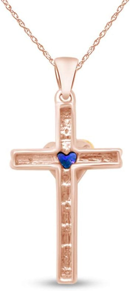 Simulated Blue Sapphire & Natural Diamond Cross Pendant Necklace Intwo-Tone Gold over Sterling Silver