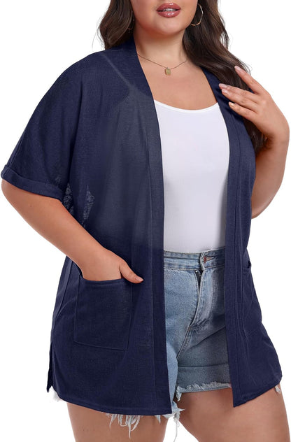 plus Size Lightweight Cardigan for Women Summer Sheer Short Sleeve Cardigan with Pockets Beach Cover Up
