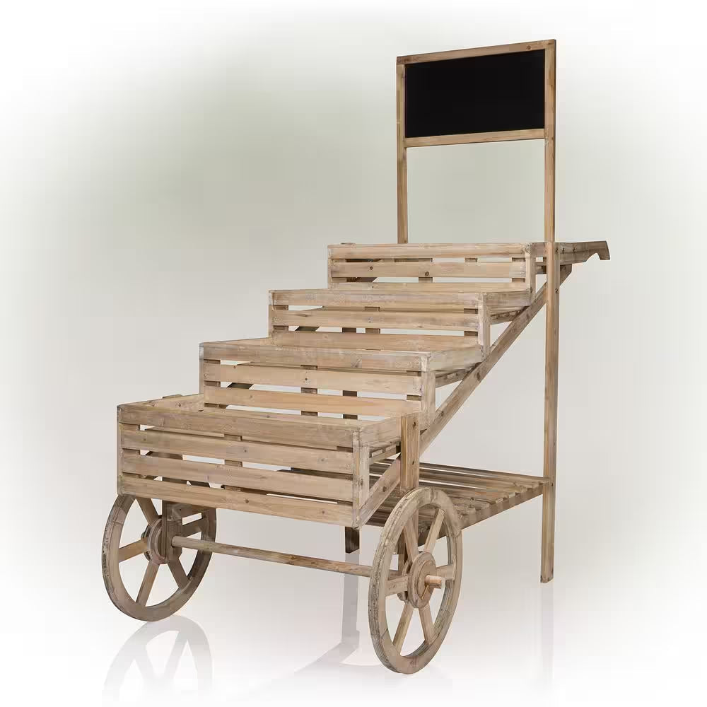 59 In. Tall Indoor/Outdoor Wooden Cart Plant and Display Stand with Chalkboard