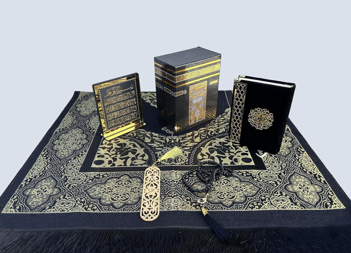 Muslim Prayer Rug, Islamic Gift Set, Velvet Full Arabic Quran, Elegant Kaaba Design Box, Ayat El Kursi Table Top, Prayer Beads, Bookmark, Janamaz, Salah Mat (KAABA)