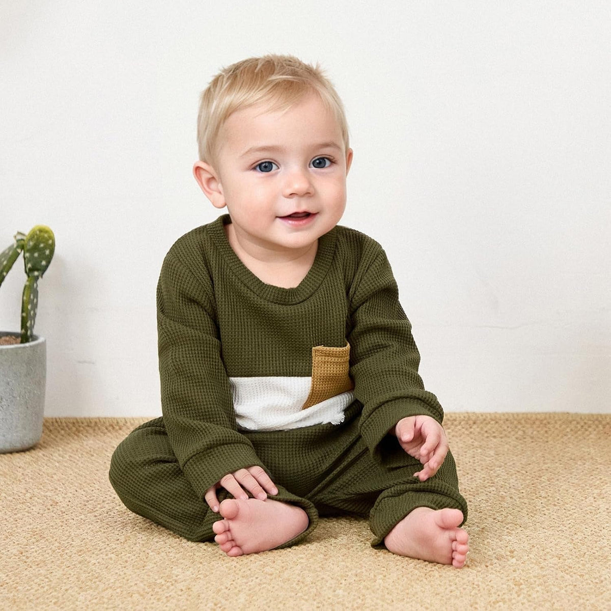 Baby Boy Clothes Fall Winter Waffle Knit Contrast Color Sweatshirt Tops Casual Pants Set Toddler 2Pcs Outfit