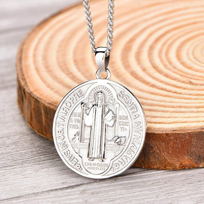 Saint Benedict Necklace 925 Sterling Silver Patron Saint Benedict Medal Pendant Amulet Protection Religious Jewelry for Men Women