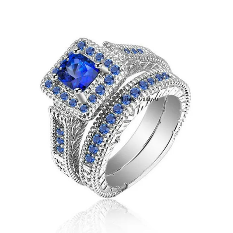 Two Rings Couple Rings Forever Love 316L Stainless Steel Men's Ring 10kt White Gold Filled Princess cut 1ct Sapphire Women's Wedding Ring Sets