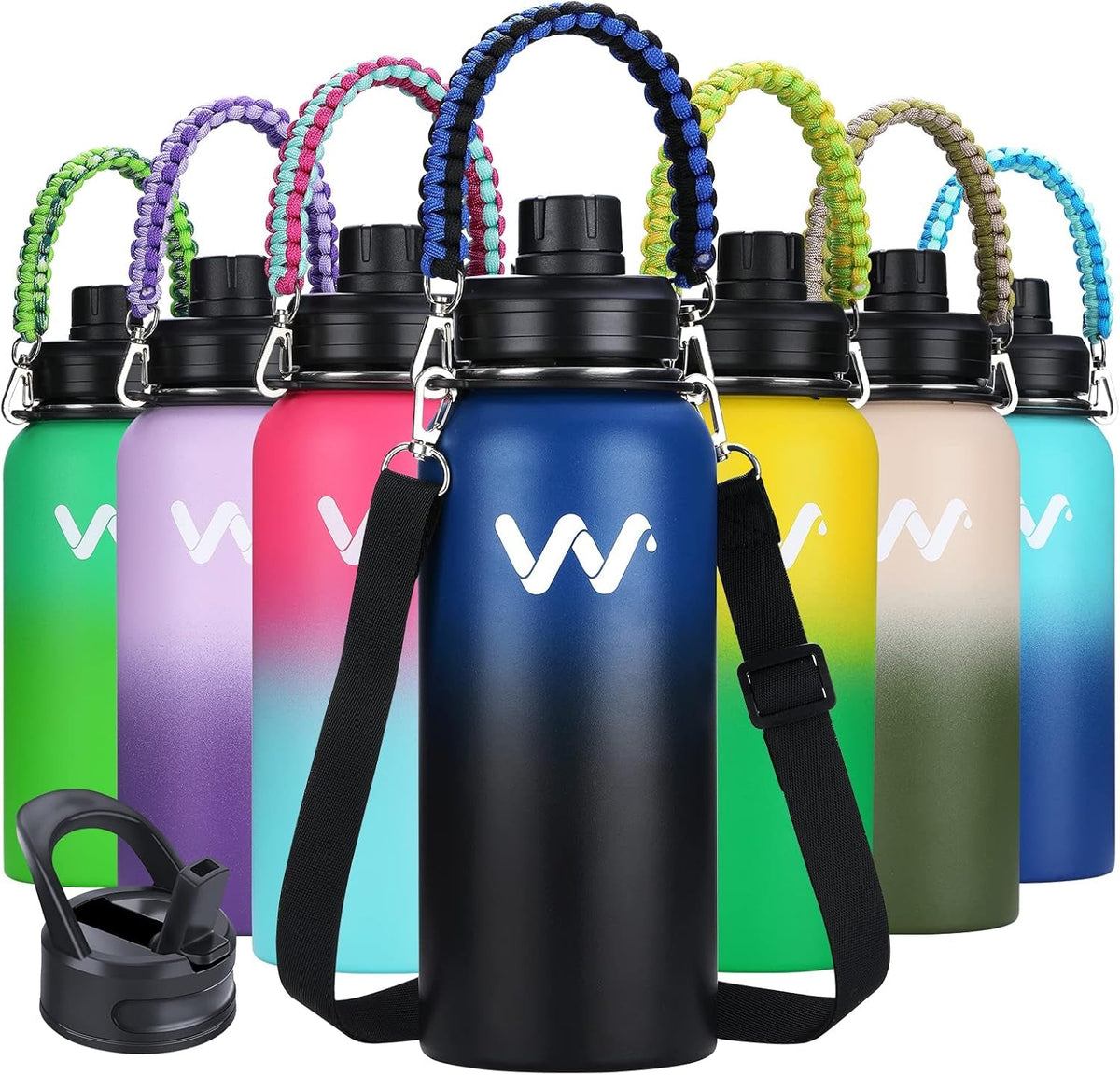 Insulated Water Bottle with Paracord Handles & Strap & Straw Lid & Spout Lid,Reusable Wide Mouth Vacuum Stainless Steel Water Bottle for Adults 24 Oz, 32 Oz, 40 Oz