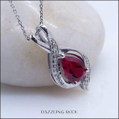 9X6Mm Pear Lab Created Gemstone & round White Diamond Swirl Teardrop Pendant with 18 Inch Chain for Women in Solid Gold