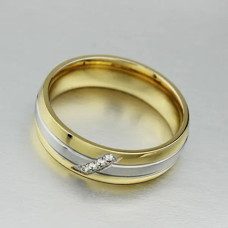 18k Gold Plated Silver Stripe CZ Wedding Band Engagement Promise Ring Men/Women's Stainless Steel Jewelry
