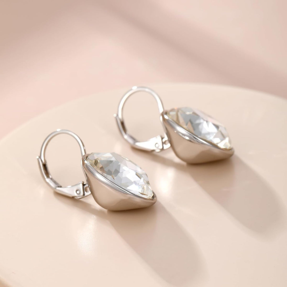 round Crystal Leverback Earrings Sparkly Elegant Austrian Crystals 18K Platinum Plated Hypoallergenic Delicate Jewelry Gifts for Women Party