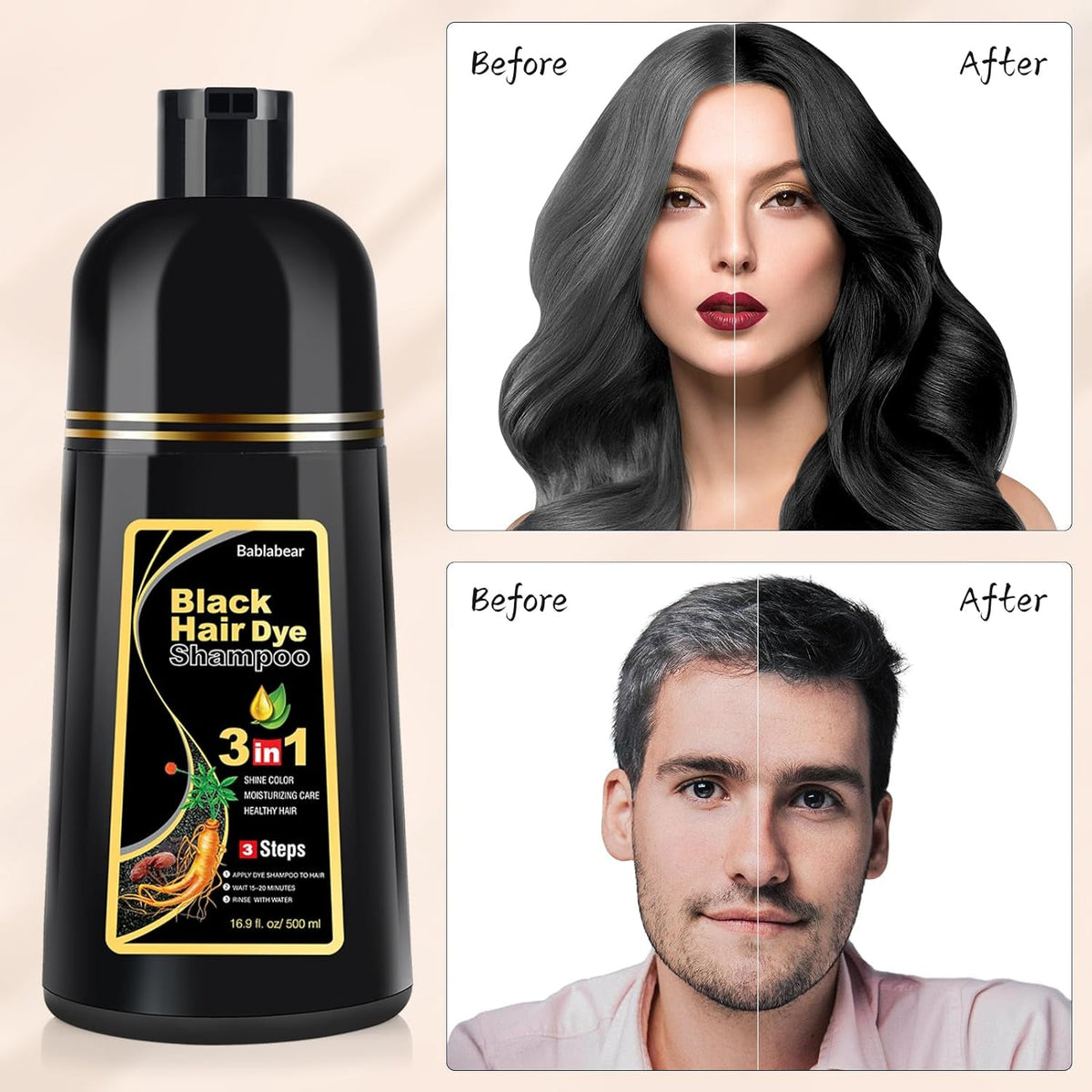 Black Hair Dye Shampoo for Gray Hair, Semi-Permanent Hair Color Shampoo for Women and Men, Herbal Ingredients, 3 in 1 100% Grey Coverage.Lasts 30 Days/500Ml/Natural Herbal Ingredients