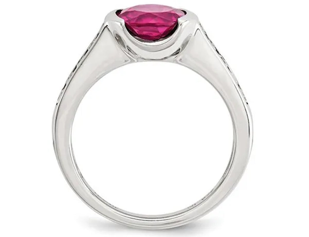 Lab Created Bezel Set Solitaire Ruby Ring in Sterling Silver