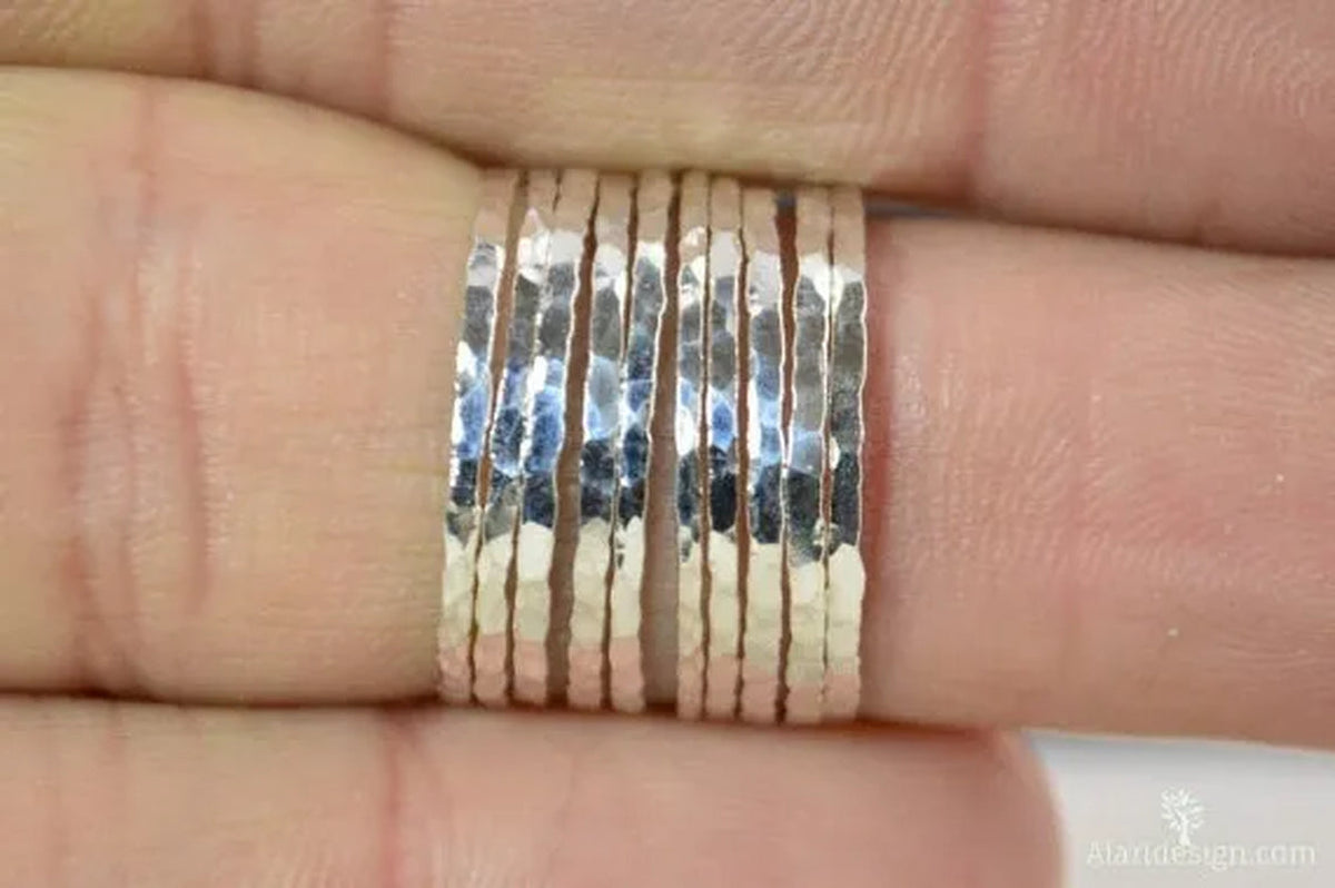 Stylish ultra-thin 925 Sterling Silver Stackable Rings 14K Hammer Rring Size 6-10