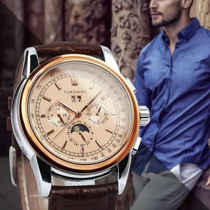 Forsining Moon Phase Shanghai Movement Rose Gold Case Brown Bracelet En Cuir Véritable Montres Pour Hommes Top Brand Luxury Auotmatic Watch with Gift Box