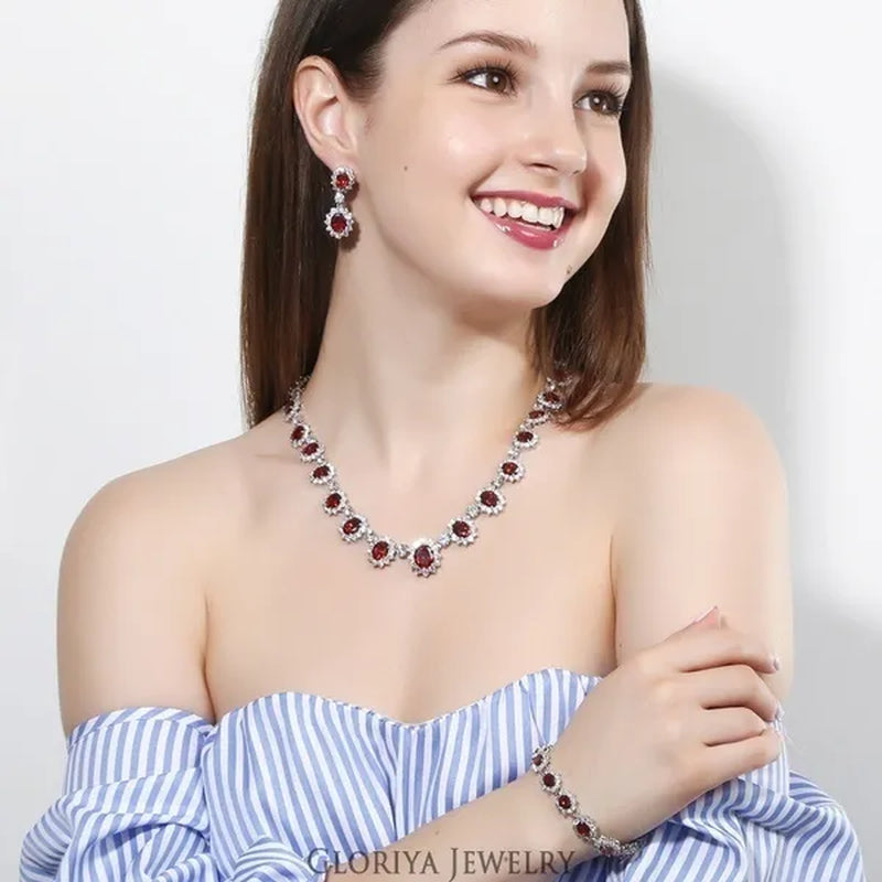 Gloriya Elegant Red Zirconia And White CZ Paved Setting Flower Pendant Earrings Necklace Jewelry Sets for Bridal Wedding Accessories