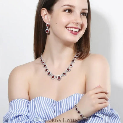 Gloriya Elegant Red Zirconia And White CZ Paved Setting Flower Pendant Earrings Necklace Jewelry Sets for Bridal Wedding Accessories