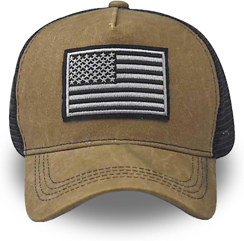 Tennis Cap American Flag Embroidered Baseball Cap Adjustable Trucker Cap for Both Men and Women Khaki