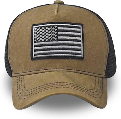 Tennis Cap American Flag Embroidered Baseball Cap Adjustable Trucker Cap for Both Men and Women Khaki