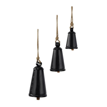 Black Metal Tibetan Inspired Narrow Cone Decorative Cow Bell with Jute Hanging Rope (3- Pack)