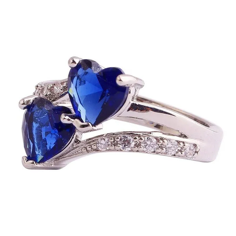 Exquisite 925 Sterling Silver Double Love Heart Rings Natural Sapphire Gemstones Crystal Diamond Wedding Engagement Ring Jewelry Accessories