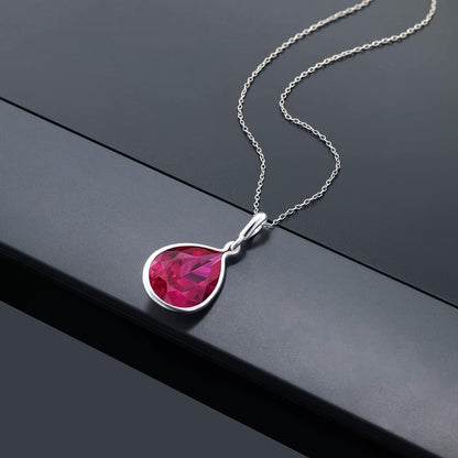 9.62 Cttw Red Created Ruby Pendant Necklace for Women in 925 Sterling Silver | Pear Shape 16X12MM | with 18 Inch Silver Chain