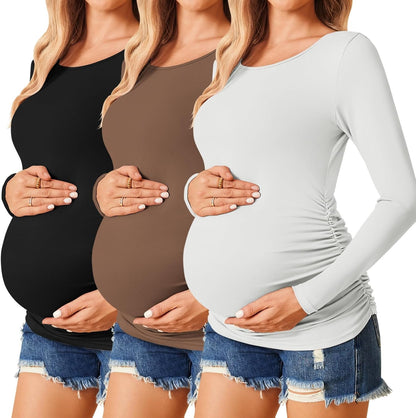 Womens Maternity Shirts Long Sleeve 3 Packs Pregnancy Tee Top Tunic Blouse Casual Mama Clothes S-XXL