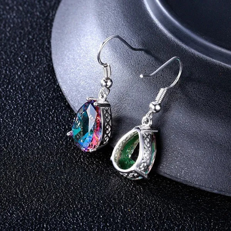 Fashion 925 Sterling Silver Mystic Rainbow Topaz Gemstone Hook Earrings Drop Earrings
