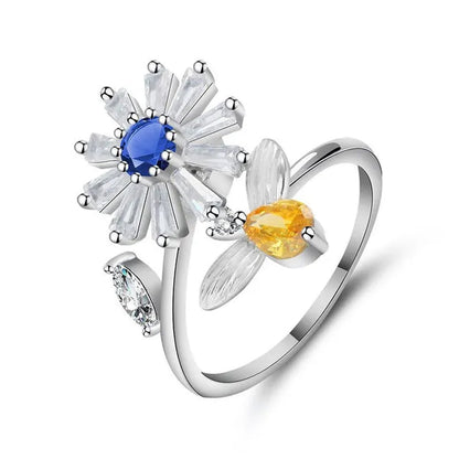 Flower Bees  Silver Multicolor Creative Sweet Cute Princess Rings Daisy Opening Ring Adjustable Ring Anniversary Statement Natural Gemstones Pink Sapphire White Sapphire Ring