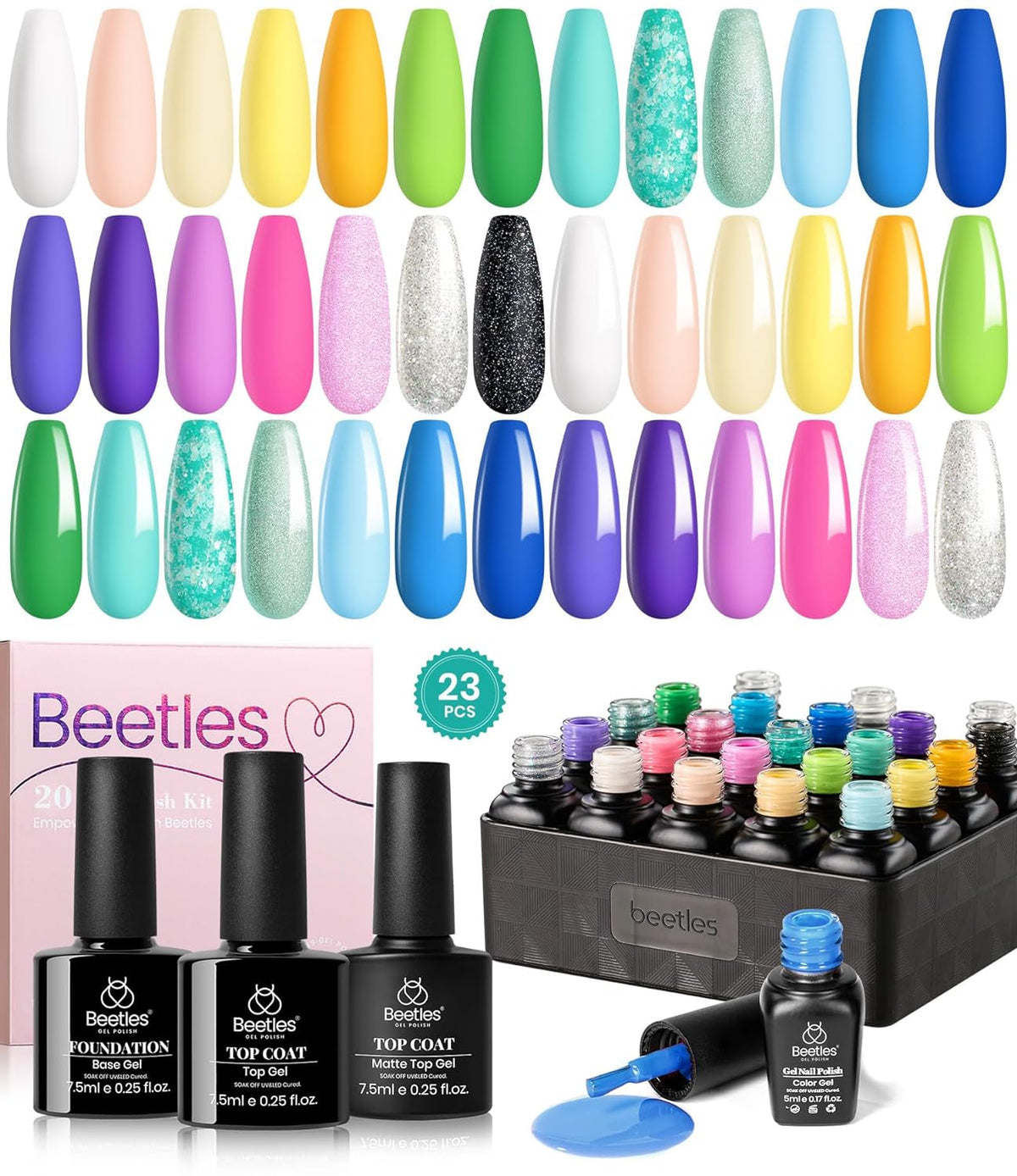 Beetles 23Pcs Gel Nail Polish Kit with Glossy Matte Top Coat and Base Coat Girls Night Collection White Nude Gray Glitters Gel Nail Polish Set U V Soak Off Holiday Manicure for Women Girls