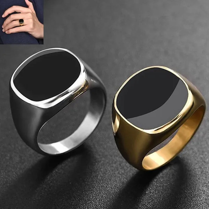 Men's Classic Simple Rounded Square Dripping Oil Stainless Steel Ring Silver Plated Gold Color Groom Wedding Engagement Anniversary Gift Jewelry