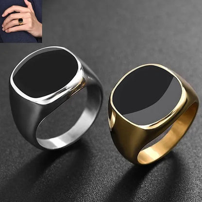 Men's Classic Simple Rounded Square Dripping Oil Stainless Steel Ring Silver Plated Gold Color Groom Wedding Engagement Anniversary Gift Jewelry