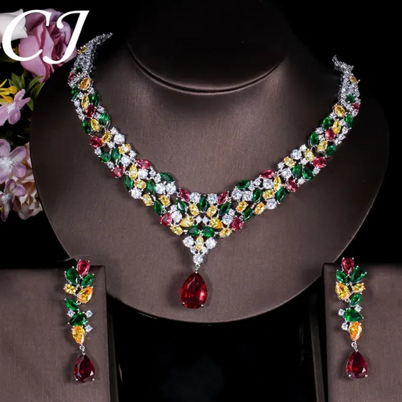 CANDICE Noble Red Crystal Water Drop Pendant Necklace and Dangle Earrings Pave Multi Shape Colorful CZ Stone Women Wedding Party Dress Jewelry Set