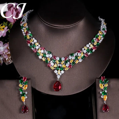 CANDICE Noble Red Crystal Water Drop Pendant Necklace and Dangle Earrings Pave Multi Shape Colorful CZ Stone Women Wedding Party Dress Jewelry Set