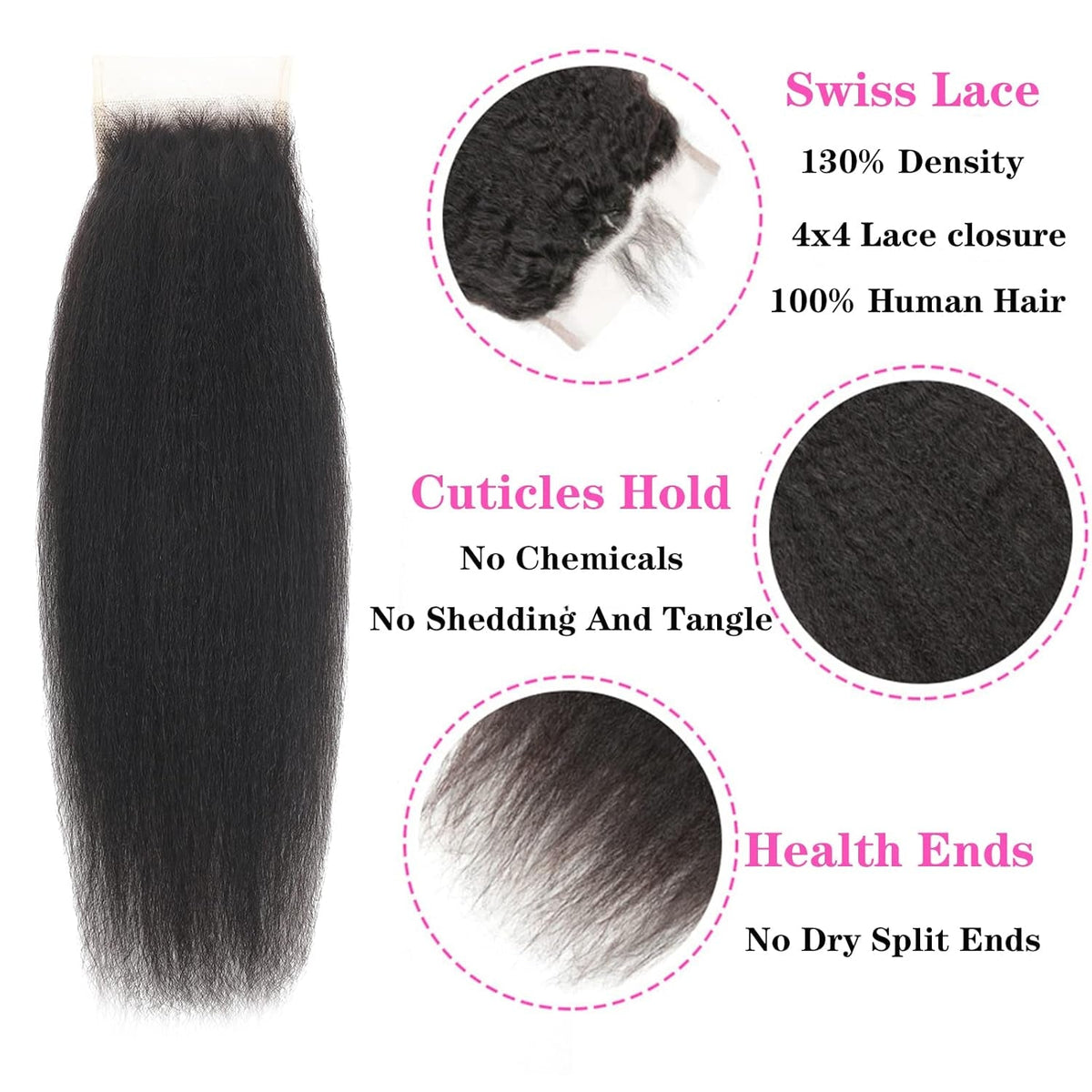 Kinky Straight Human Hair 3 Bundles with 4X4 Lace Closure Free Part 100% Unprocessed Brazilian Remy Yaki Straight Human Hair Extensions with Closure,Natural Black (12 12 12+10Closure)