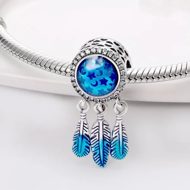 Original 925 Sterling Silver Blue Zircon Dream Catcher Stars Pattern Pendant Charm Fit Woman Bracelet Diy Fashion Jewelry