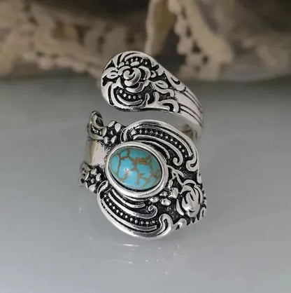 Creative Flower Rose 925 Sterling Silver Ring Europe and America Exaggerated Retro Turquoise Ring Marriage Engagement Wedding Anniversary Birthday Party Ladies Jewelry