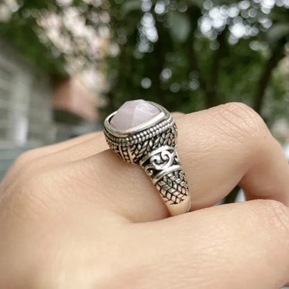 Antique Silver Rose Quartz Gemstone Square Rope Edge Vintage Band Ring Size 5 6 7 8 9 10 11 12