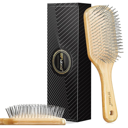 Bamboo Hair Brush with Steel Bristles, Help Hair Growth and Massaging Scalp