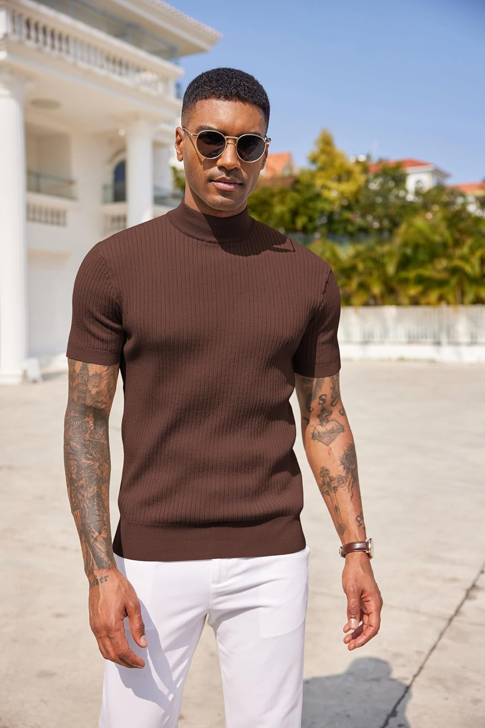 Men's Mock Turtleneck Sweater Short Sleeve Casual Basic Pullover Sweater Ribbed Knit Pullover Solid Tee