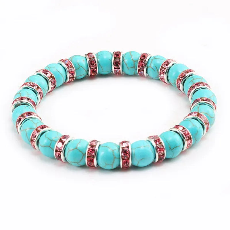 Blue turquoise and green point hand natural Vintage bracelet rhinestone rope men's and women's elastic casual bracelet prayer yoga pendant jewelry