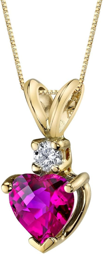 14K Yellow Gold Created Ruby with Genuine Diamond Pendant for Women, Heart Shape Solitaire, 6Mm, 1 Carat Total, Women Gift Ideas W/Jewelry Box, Sparkling V-Day Gift