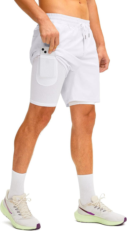 Men'S 2 in 1 Running Shorts with Liner 7 Inch Training Gym Athletic Workout Shorts for Men with Zipper Pockets