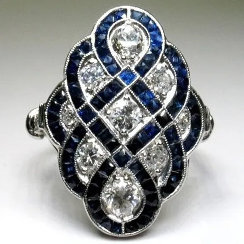 Gorgeous Antique Art Deco Large 925 Italia Style Retro Jewelry Sterling Silver Blue Sapphire & Diamond Ring Natural Gemstone Birthstone Floral Jewelry Vintage Rings