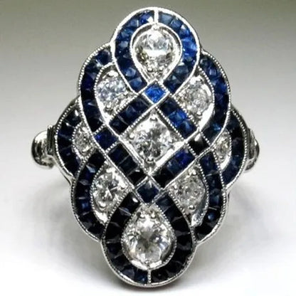 Gorgeous Antique Art Deco Large 925 Italia Style Retro Jewelry Sterling Silver Blue Sapphire & Diamond Ring Natural Gemstone Birthstone Floral Jewelry Vintage Rings