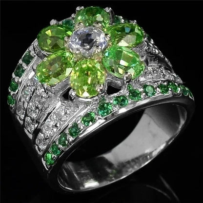 925 Sterling Silver Rings Oval Cut 12.17CT Natural Tsavorite Chrome Diopside Diamond Cocktail Ring Party Wedding Bands