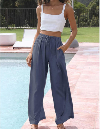 Womens Cotton Linen Palazzo Pants Drawstring Elastic Waist Casual Wide Leg Trousers with Pockets