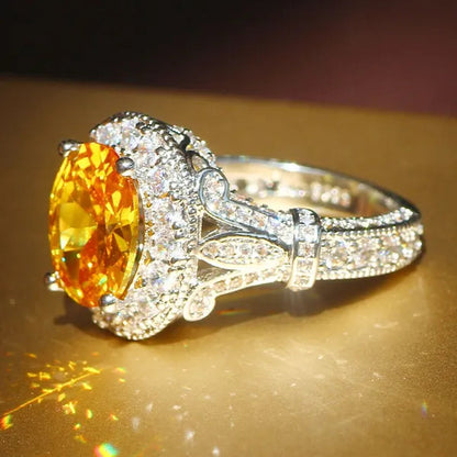 Luxurious  Silver Natural Gemstones Yellow Diamond Topaz Wedding Birthstone Bride Flower Engagement Ellipse Ring Jewelry Size 678910